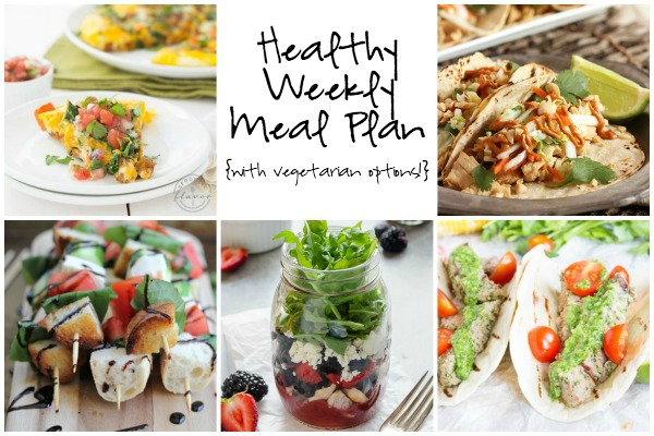 Healthy Weekly Meal Plan 7.2.16! A healthy weekly meal plan featuring a Kale and Sweet Potato Frittata, Caprese Kabobs with Balsamic Glaze, Thai Chicken Tacos with Spicy Peanut Sauce and more!