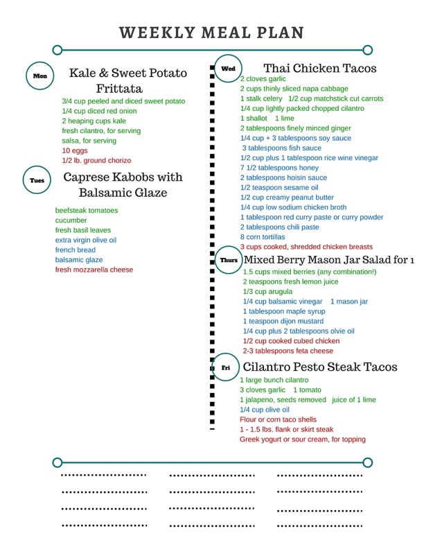 Healthy Weekly Meal Plan 7.2.16! A healthy weekly meal plan featuring a Kale and Sweet Potato Frittata, Caprese Kabobs with Balsamic Glaze, Thai Chicken Tacos with Spicy Peanut Sauce and more!