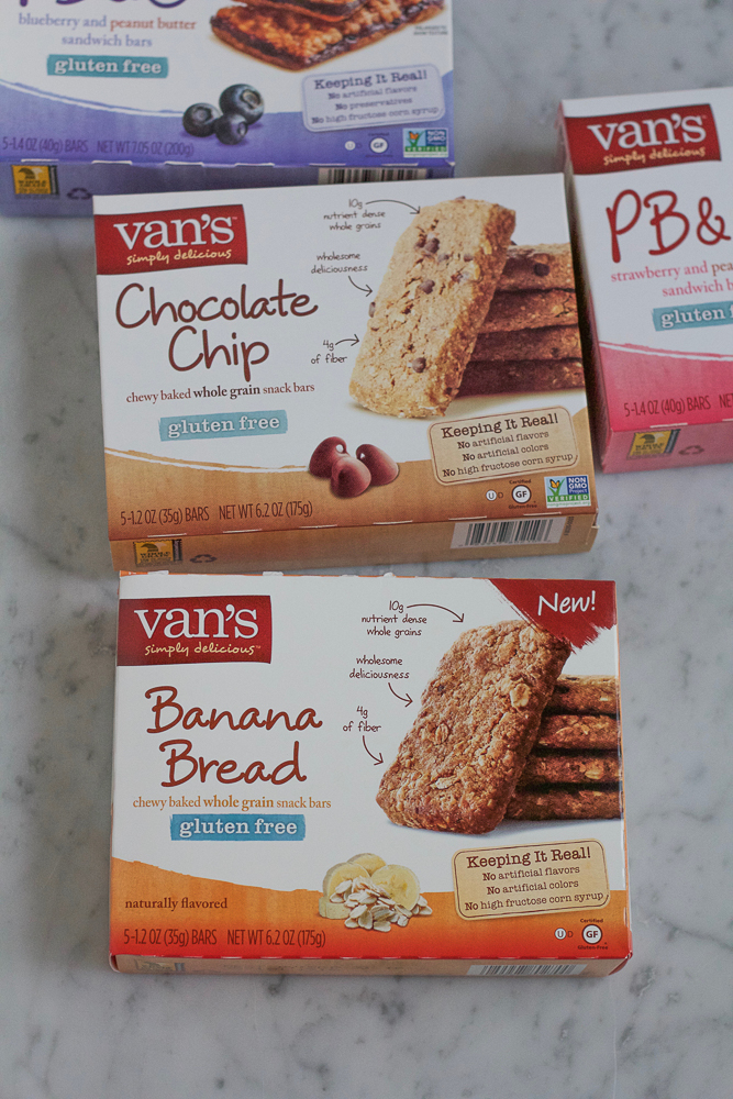 Coconut Cream Snack Bars! Homemade whipped coconut cream with strawberries and bananas sandwiched in between Van's Banana Bread Snack Bars! What could be better?! and they're gluten free!