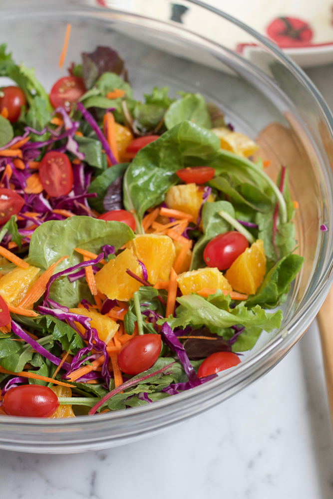 Vegetables and fruits in a bowl for Power Pasta Salad.