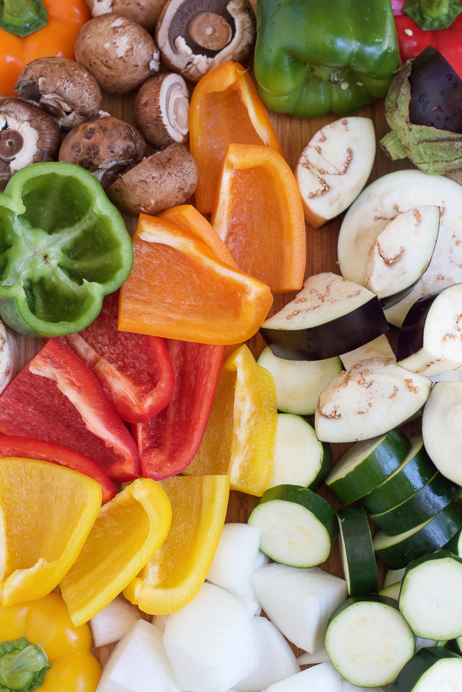 Sliced vegetables for Grilled Chicken Kebabs.