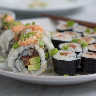 spicy tuna rolls on platter