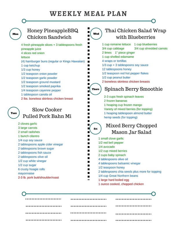Healthy Weekly Meal Plan 7.30.16! A healthy weekly meal plan featuring a Honey Pineapple BBQ Chicken Sandwich, a Slow Cooker Pulled Pork Banh Mi, a Thai Chicken Salad Wrap and more!