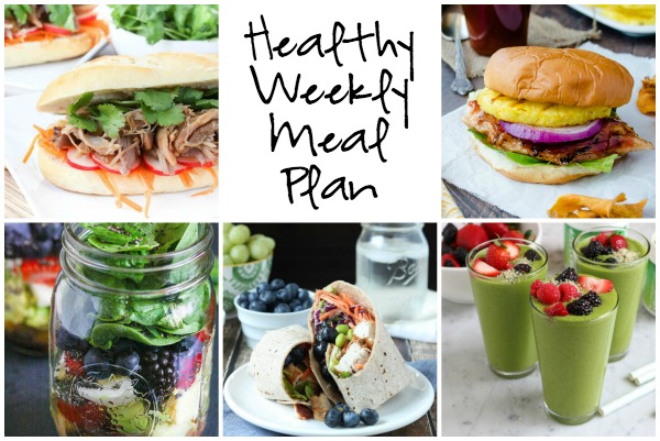 Healthy Weekly Meal Plan 7.30.16! A healthy weekly meal plan featuring a Honey Pineapple BBQ Chicken Sandwich, a Slow Cooker Pulled Pork Banh Mi, a Thai Chicken Salad Wrap and more!