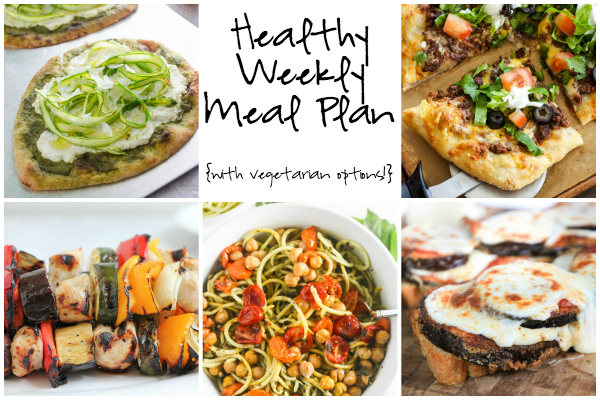 Healthy Weekly Meal Plan 7.9.16! A healthy weekly meal plan featuring Open Faced Eggplant Parmesan Sandwiches, a Taco Pizza, Grilled Chicken Kebabs and more!