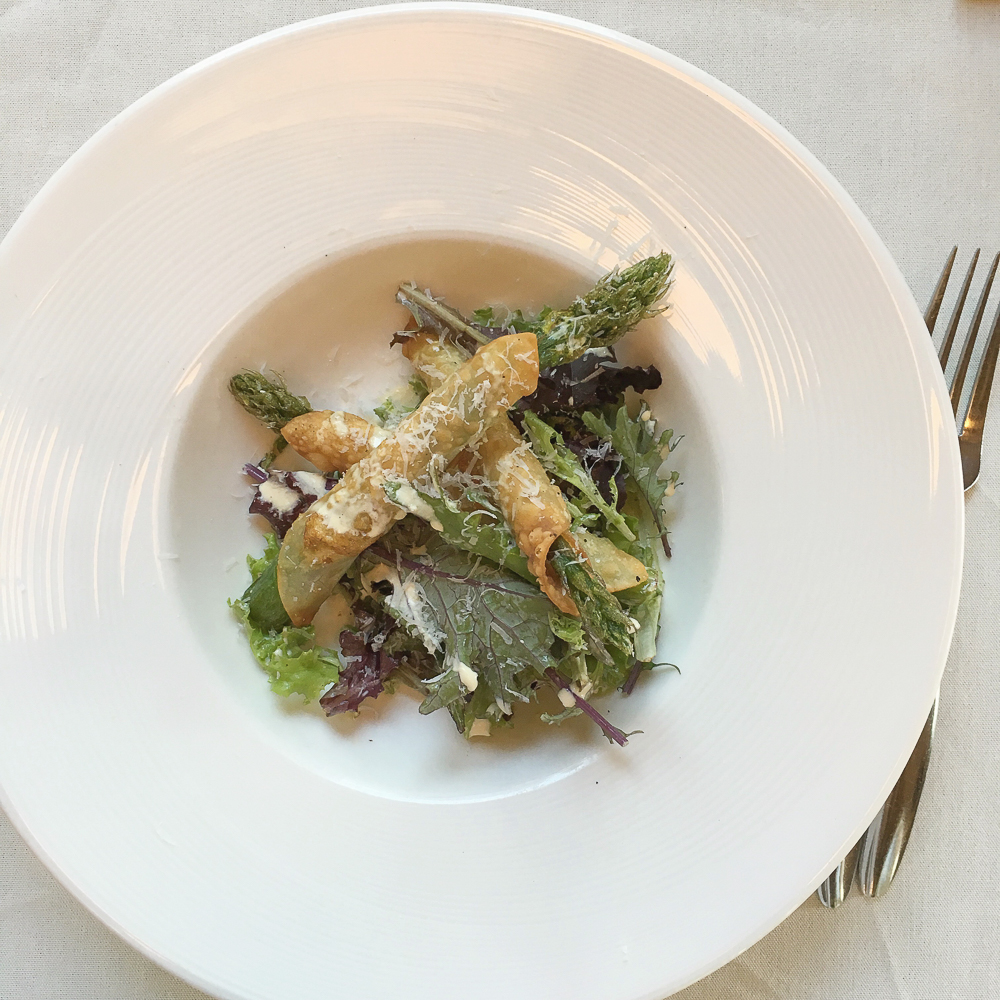 HoQ Table: Fried Asparagus Salad: Wonton wrapped fried asparagus, local greens, creamy dressing and shaved prairie breeze