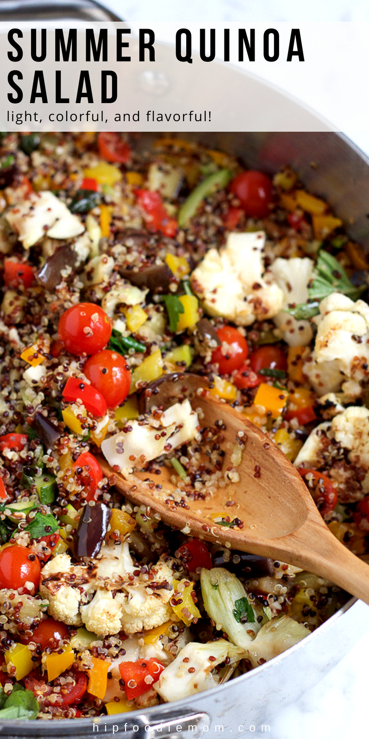 Summer Quinoa Salad! This light, colorful and flavorful quinoa salad is the perfect way to use and enjoy in season produce this summer. #summerquinoasalad #quinoasalad #quinoa #barbecue #potluck #lunch #dinner #vegetarian #glutenfree #salad