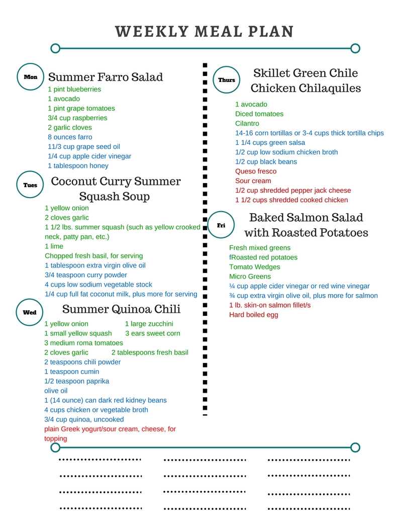 Healthy Weekly Meal Plan 8.27.16! A healthy weekly meal plan featuring a Summer Farro salad, a Coconut Curry Summer Squash Soup, Summer Vegetable Quinoa Chili and more!