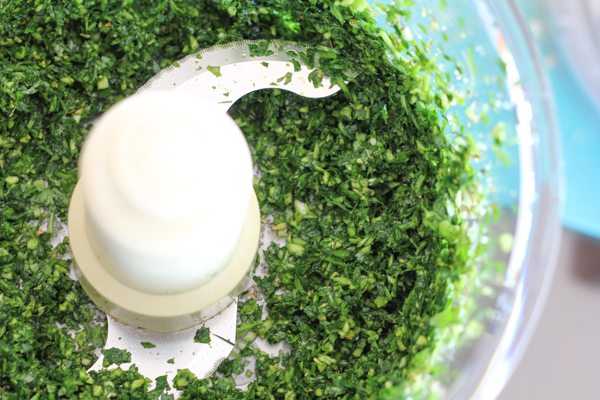 Chimichurri sauce in a food processor for Grilled Cauliflower Steaks.