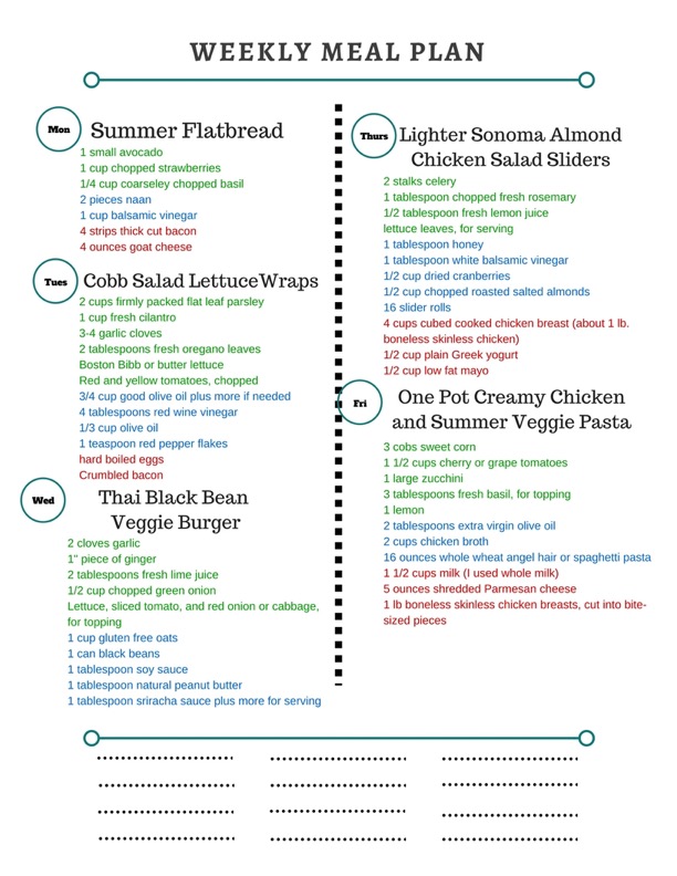 Healthy Weekly Meal Plan 8.13.16! A healthy weekly meal plan featuring Summer flatbread, Cobb Salad Lettuce Wraps, a Thai black bean veggie burger and more!