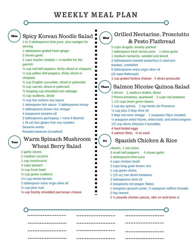 Healthy Weekly Meal Plan 8.20.16! A healthy weekly meal plan featuring a Korean noodle salad, a Warm Berry Spinach Wheat Berry Salad, a Salmon Nicoise salad and more!