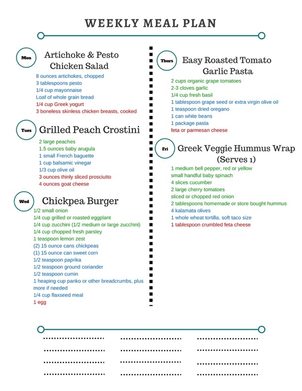 Healthy Weekly Meal Plan 8.6.16! A healthy weekly meal plan featuring an Artichoke and Pesto Chicken Salad, Grilled Peach Crostini with Arugula, Prosciutto, and Goat Cheese, Easy Roasted Tomato Garlic Pasta and more!