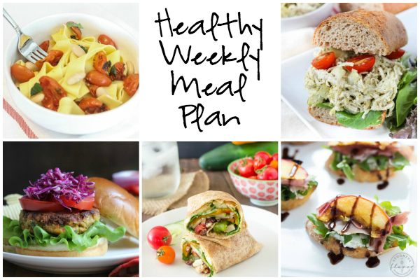Healthy Weekly Meal Plan 8.6.16! A healthy weekly meal plan featuring an Artichoke and Pesto Chicken Salad, Grilled Peach Crostini with Arugula, Prosciutto, and Goat Cheese, Easy Roasted Tomato Garlic Pasta and more!