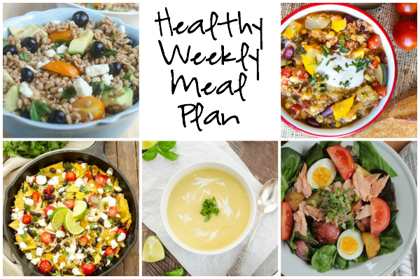 Healthy Weekly Meal Plan 8.27.16! A healthy weekly meal plan featuring a Summer Farro salad, a Coconut Curry Summer Squash Soup, Summer Vegetable Quinoa Chili and more!