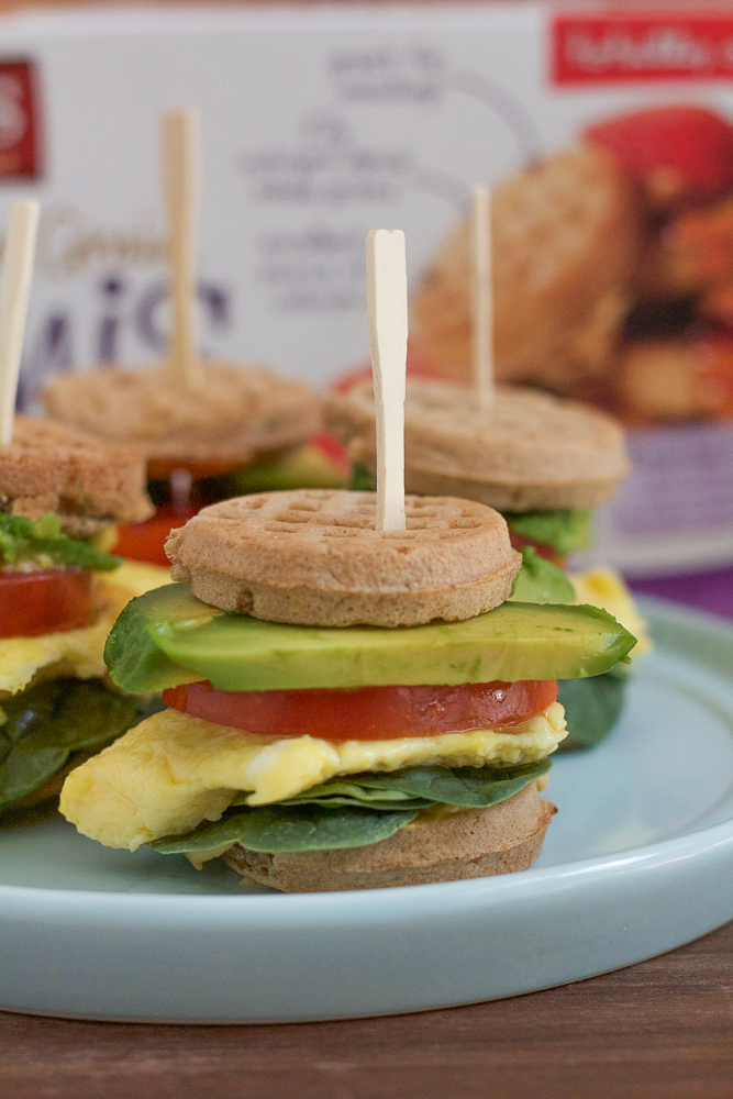 Mini Waffle Breakfast Sandwiches! Quick, easy to make and healthy! Made with Van's Mini Waffles, these are the perfect back to school breakfast to get kids (and adults) ready for the day!