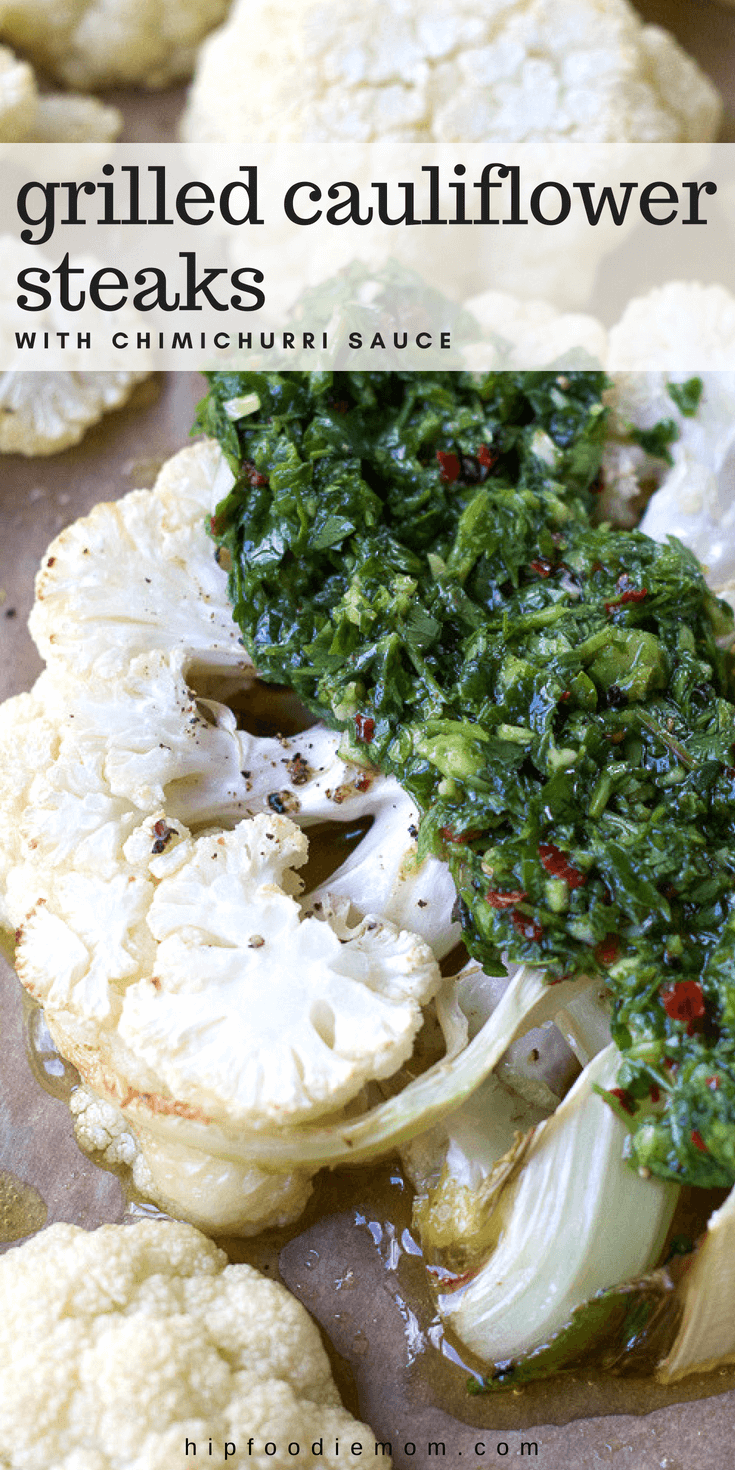 If you've never tried Grilled Cauliflower Steaks, you are in for a treat! This is a great non-meat (and healthy!) option to throw on the grill this summer. #grilledcauliflower #cauliflowersteaks #cauliflower #grilledvegetables #vegetariangrilling #vegetarian #chimichurri #chimichurrisauce 