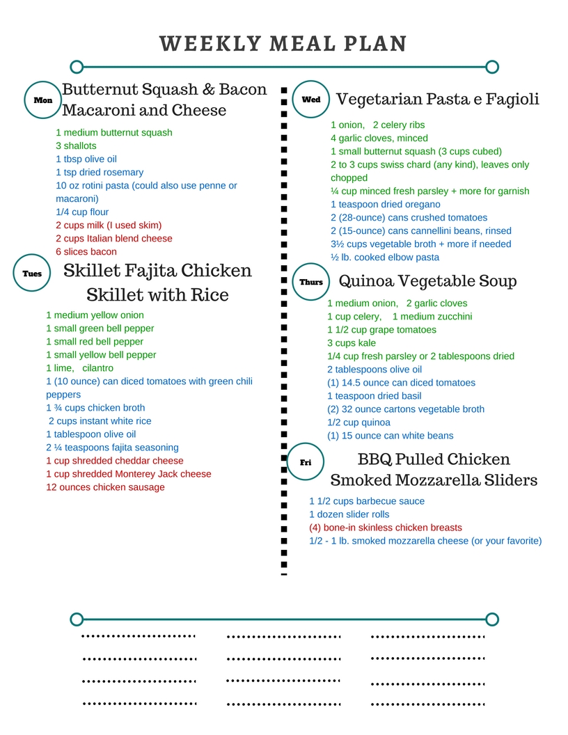 Healthy Weekly Meal Plan 9.24.16! A healthy weekly meal plan featuring Butternut Squash and Bacon Macaroni and Cheese, Skillet Fajita Chicken and Rice, my Vegetarian Pasta e Fagioli and more!