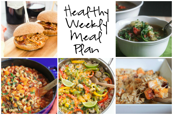 Healthy Weekly Meal Plan 9.24.16! A healthy weekly meal plan featuring Butternut Squash and Bacon Macaroni and Cheese, Skillet Fajita Chicken and Rice, my Vegetarian Pasta e Fagioli and more!