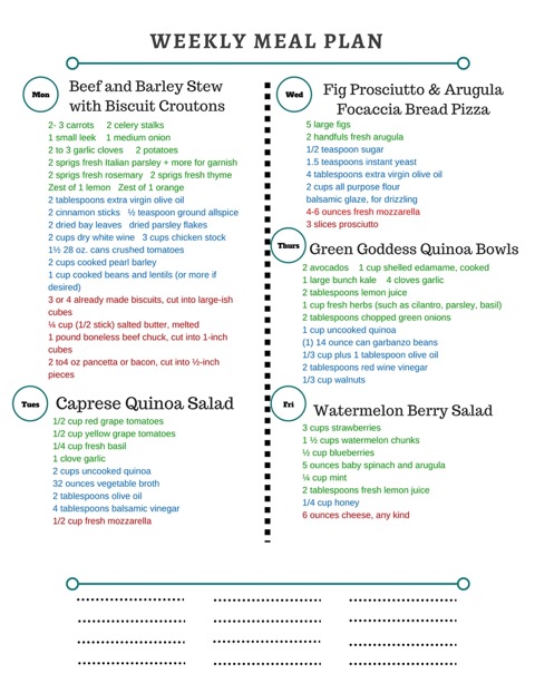 Healthy Weekly Meal Plan 9.10.16! A healthy weekly meal plan featuring Beef and Barley Stew, a Caprese Quinoa Salad, Green Goddess Quinoa Bowls and more!