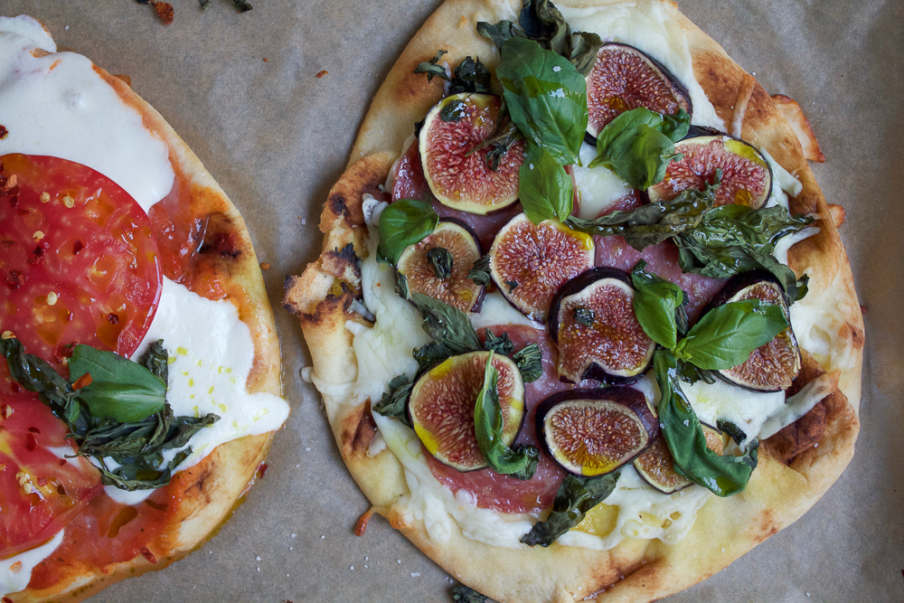 Fig Prosciutto Pizza! Super easy to make and delicious Fig Prosciutto Pizza on flatbread or naan bread. Take full advantage of fig season and make this pizza! It's so good!