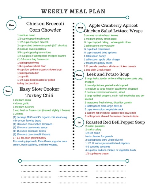 Healthy Weekly Meal Plan 10.8.16! Fall is here in full swing! A healthy weekly meal plan featuring Chicken Broccoli Corn Chowder, Slow Cooker Turkey Chili, Red Lentil Coconut Curry Stuffed Spaghetti Squash, Roasted Red Bell Pepper Soup and more!