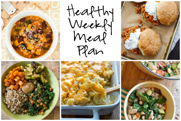 Healthy Weekly Meal Plan 10.22.16! Fall is here in full swing! A healthy weekly meal plan featuring White Bean Kale Sausage Stew, Buffalo Chicken Sloppy Joes, Autumn Minestrone Soup, Spicy Cauliflower Mac and Cheese and more!