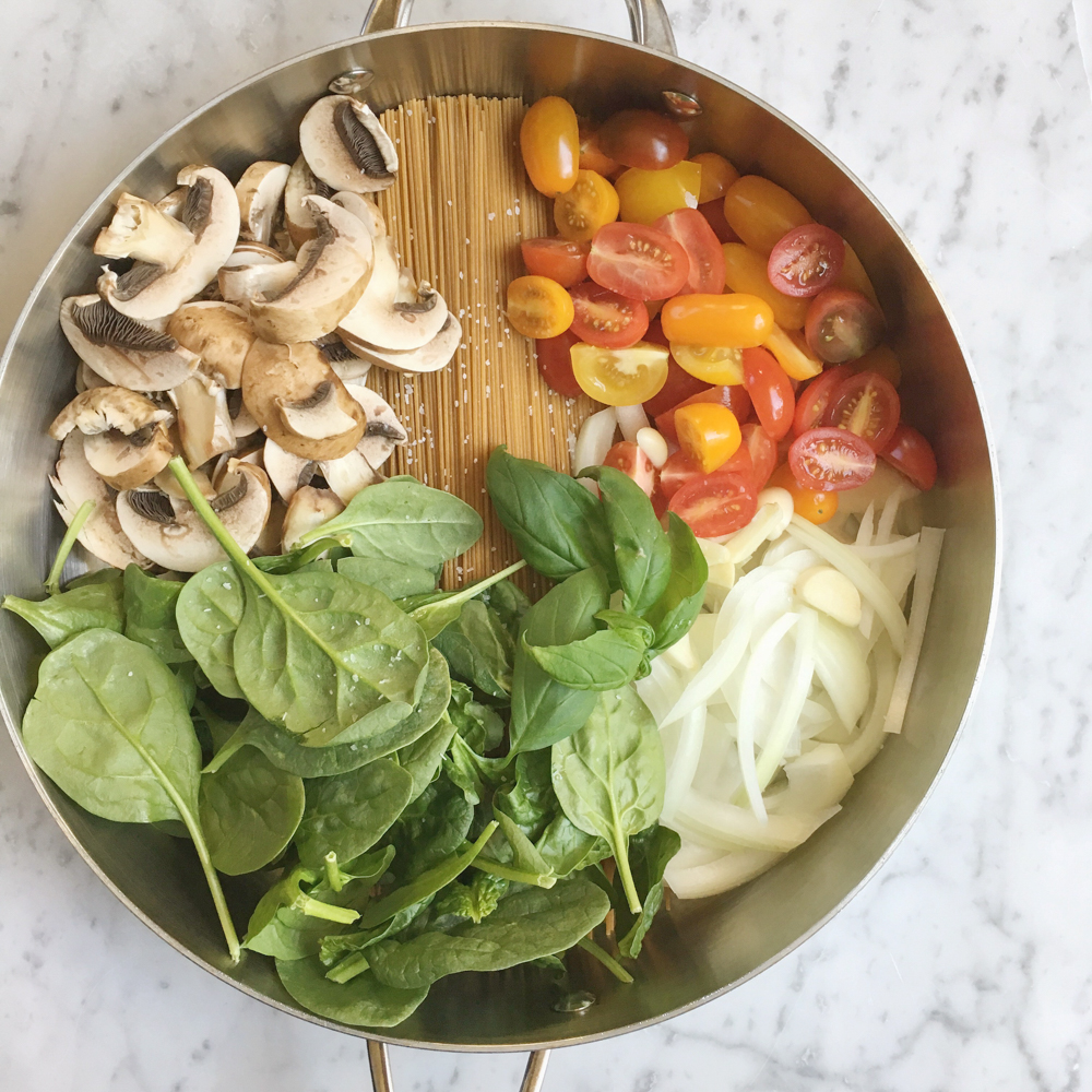 Ingredients for One Pot Pasta in a pot.