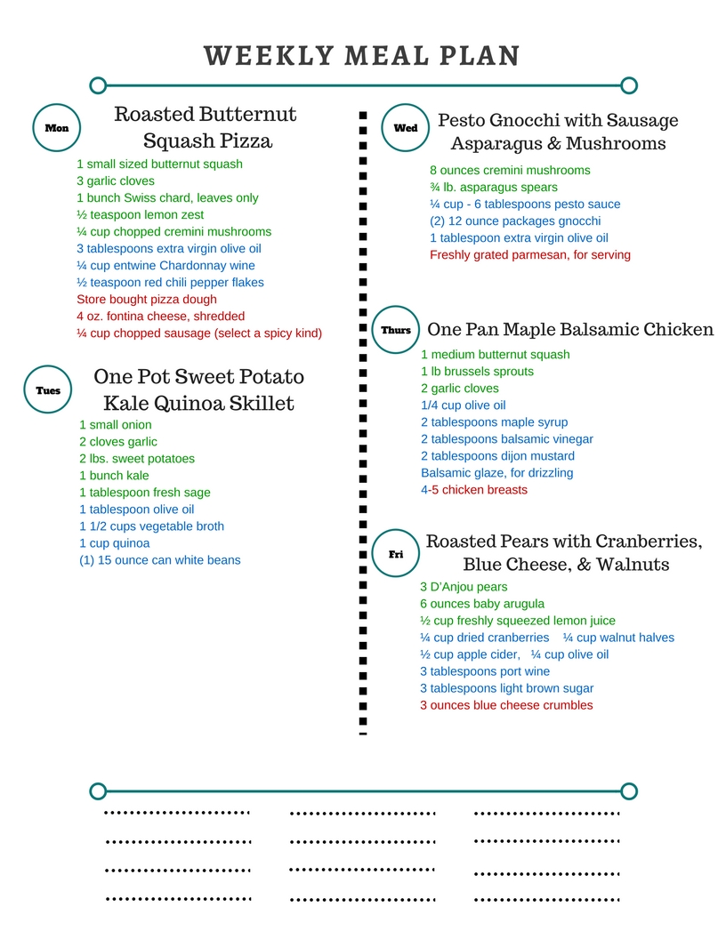 Healthy Weekly Meal Plan 11.5.16! A healthy weekly meal plan featuring Roasted Butternut Squash Pizza, One Pot Sweet Potato Kale Quinoa Skillet, Pesto Gnocchi, Maple Balsamic Chicken with Brussels Sprouts and more!