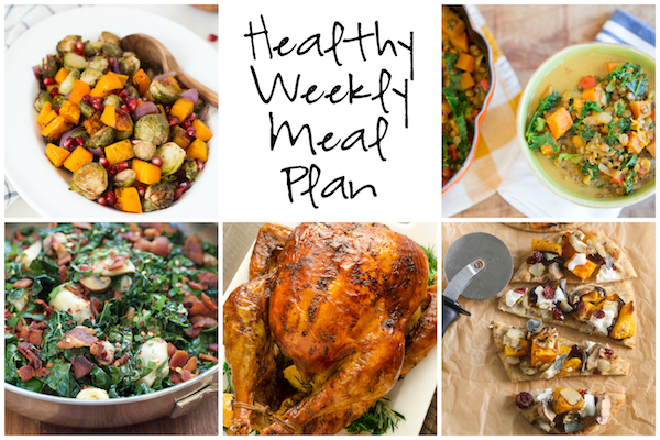 Healthy Weekly Meal Plan 11.19.16! A healthy weekly meal plan featuring Butternut Squash Lentil Coconut Curry Soup, Balsamic Roasted Butternut Squash and Brussels Sprouts with Pomegranate, a Warm Artichoke Salad and more!
