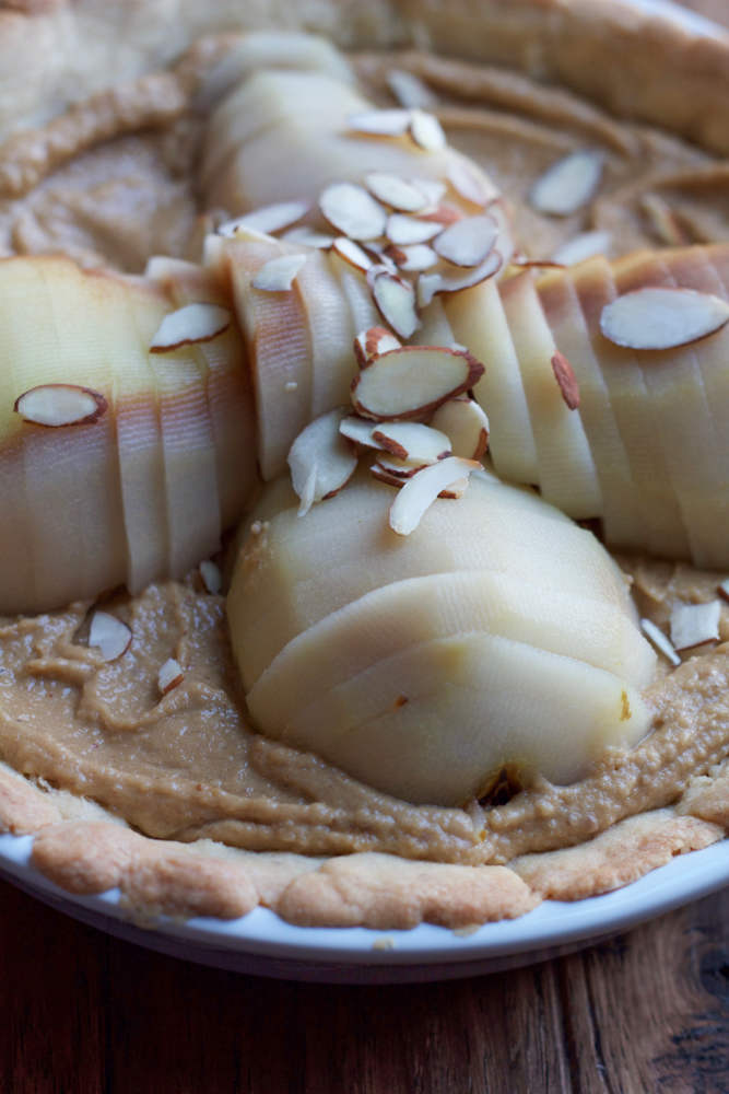 Pear Almond Tart made with poached pears, a tender, flavorful all-butter crust and a delicious almond filling. Not too sweet and amazing flavor! This is the most delicious tart ever! 