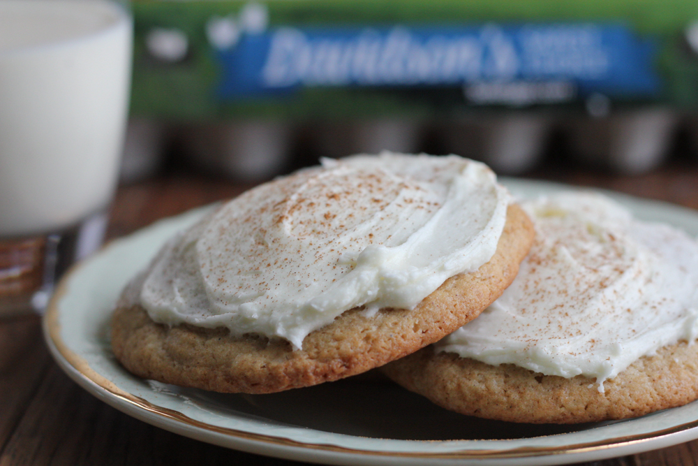 Frosted Eggnog Cookies!!! Made with Davidson's Safest Choice Eggs! These cookies have the perfect eggnog flavor, not overwhelming and just enough amazing holiday flavor and they are topped with a delicious eggnog frosting! These cookies must be baked this holiday season!