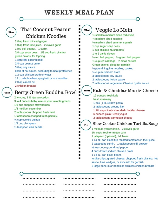 Healthy Weekly Meal Plan 1.21.17! Check out this week’s meal plan featuring Thai Coconut Peanut Chicken Noodles, a Berry Green Buddha Bowl, Veggie Lo Mein and more!