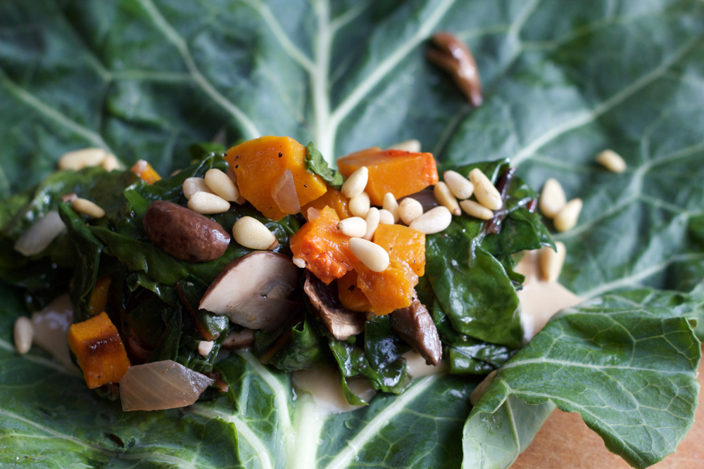 Roasted Butternut Squash Collard Wraps! A healthy and delicious way to enjoy some of your favorite veggies! Try them with homemade tahini sauce, or my spicy peanut sauce! Either way, make these wraps!