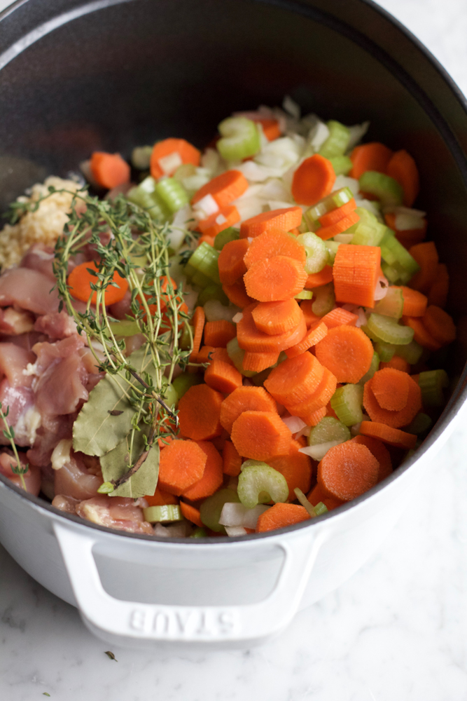 Homemade Chicken Noodle Soup! This is my lazy mom version! Just throw everything into one big pot with some water and let it boil for about 45 minutes! It's so easy and delicious! To get my tips and to see what ingredients I use, read the post below!