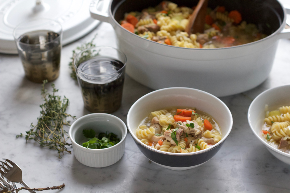 Homemade Chicken Noodle Soup! This is my lazy mom version! Just throw everything into one big pot with some water and let it boil for about 45 minutes! It's so easy and delicious! To get my tips and to see what ingredients I use, read the post below!