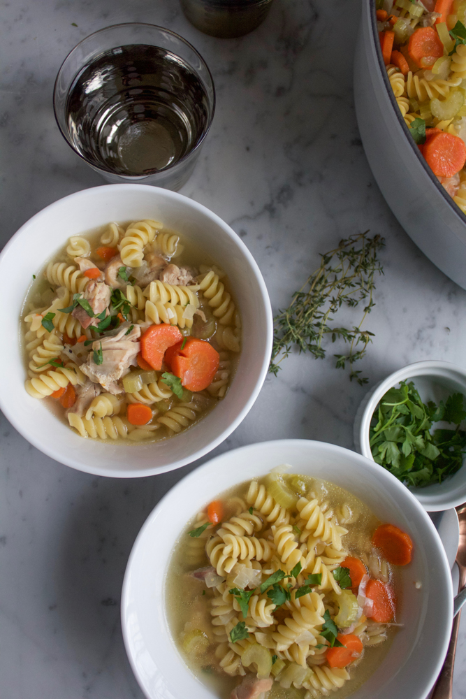 Homemade Chicken Noodle Soup! This is my lazy mom version! Just throw everything into one big pot with some water and let it boil for about 45 minutes! It's so easy and delicious! To get my tips and to see what ingredients I use, read the post below!