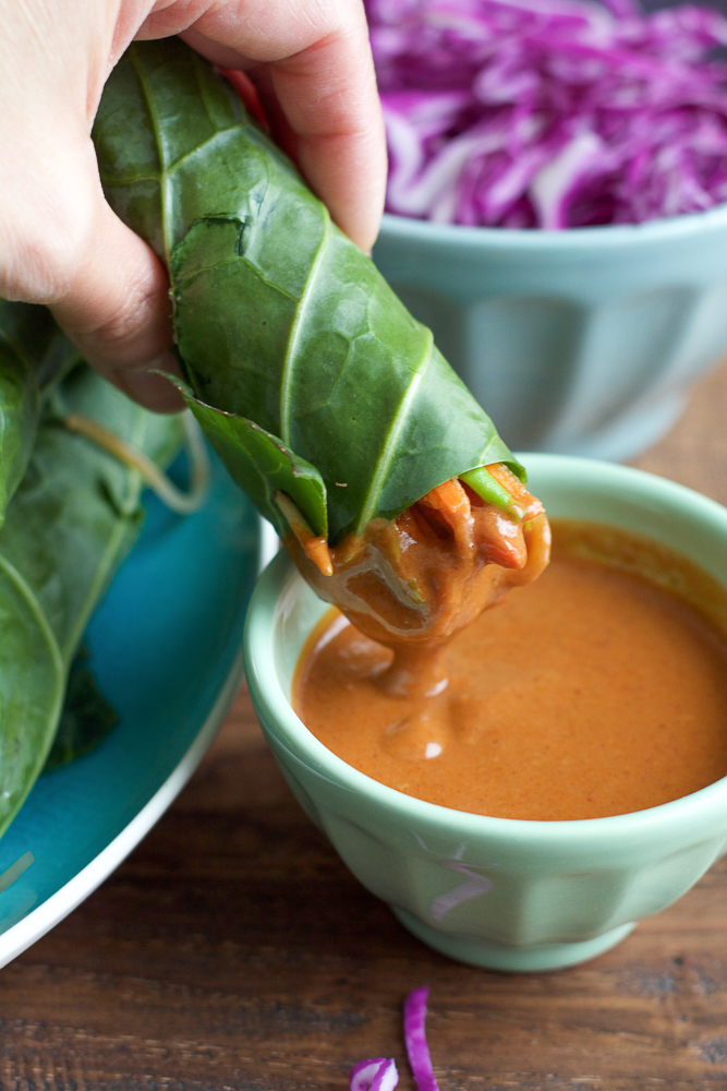 Roasted Butternut Squash Collard Wraps! A healthy and delicious way to enjoy some of your favorite veggies! Try them with homemade tahini sauce, or my spicy peanut sauce! Either way, make these wraps!