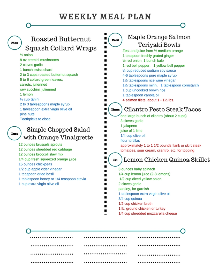 Healthy Weekly Meal Plan 2.4.17! Check out this week’s meal plan featuring Roasted Butternut Squash Collard Wraps, Maple Orange Teriyaki Salmon Bowls, Cilantro Pesto Steak Tacos and more!