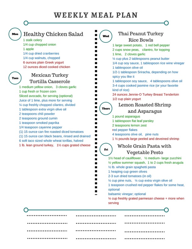 Healthy Weekly Meal Plan 4.1.17 featuring a Healthy Chicken Salad, Mexican Turkey Tortilla Casserole, Whole Grain Pasta with Vegetable Pesto and more!