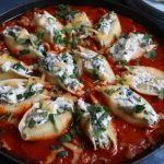 Skillet Stuffed Shells with Zucchini and Mushrooms!! Stuffed shells filled with zucchini, mushrooms and ricotta cheese. This dish is so good! It's like deconstructed lasagna! The sauce has spicy Italian sausage and it is amazing. Skip the sausage if looking for a vegetarian meal!