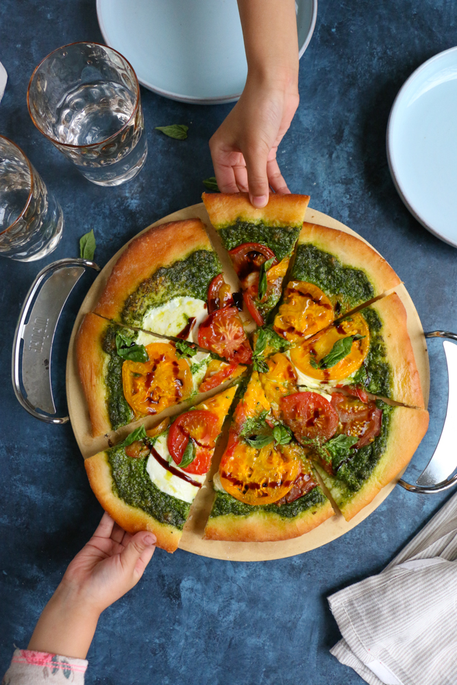Delicious Caprese Pesto Pizza with a homemade pizza crust made with White Lily Flour! So good and so easy to make!