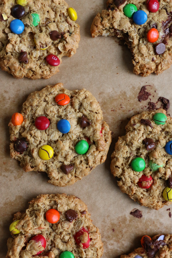 Gluten Free Monster Cookies! Thick, chewy and delicious! These are the perfect cookies to enjoy with a tall glass of milk!