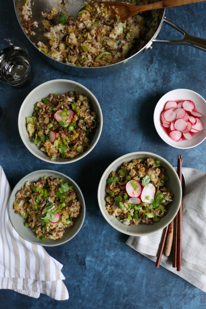 Beef and Ginger Fried Rice. Super easy to make and so flavorful and delicious! Top the fried rice with quick pickled radishes, or kimchi! Break out your wok and make this happen!