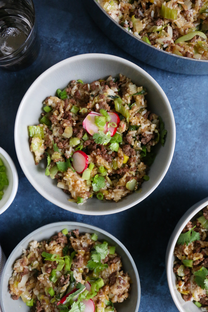 Beef and Ginger Fried Rice. Super easy to make and so flavorful and delicious! Top the fried rice with quick pickled radishes, or kimchi! Break out your wok and make this happen!