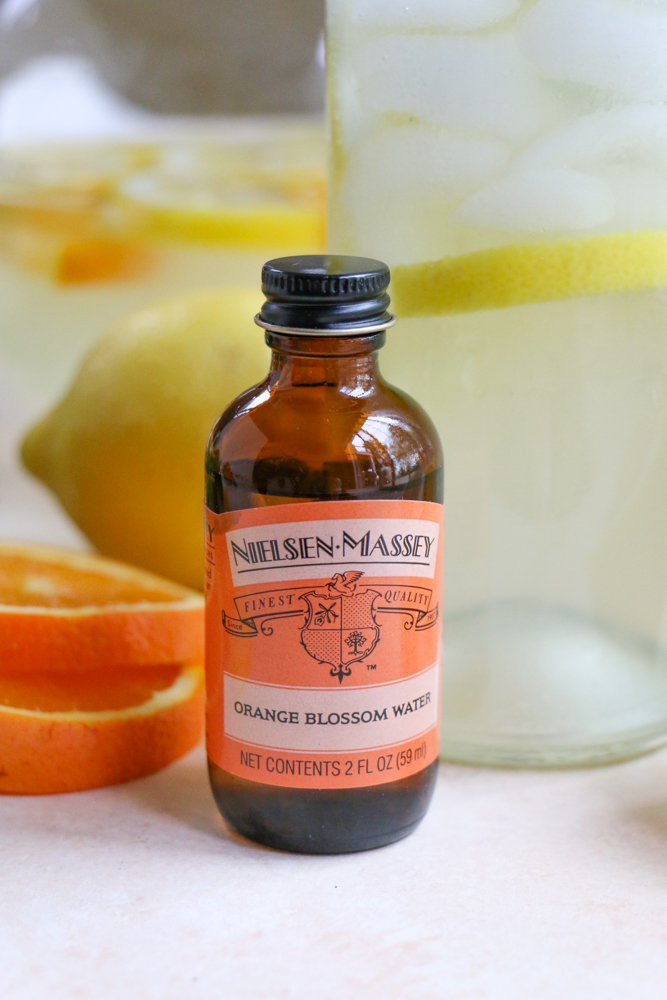 A bottle of orange blossom water for Orange Blossom Lemonade.