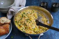 Four Cheese Risotto with delicious in-season zucchini and summer squash! Have this amazing one-pot dinner on the table in under 25 minutes!