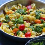 Summer Tortellini Pasta Salad + A Giveaway!! Pan fried five cheese tortellini cooked with cherry tomatoes, corn and a spinach pesto! So good! Plus, enter for a chance to win a Demeyere Industry5 Skillet!