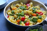 Summer Tortellini Pasta Salad + A Giveaway!! Pan fried five cheese tortellini cooked with cherry tomatoes, corn and a spinach pesto! So good! Plus, enter for a chance to win a Demeyere Industry5 Skillet!