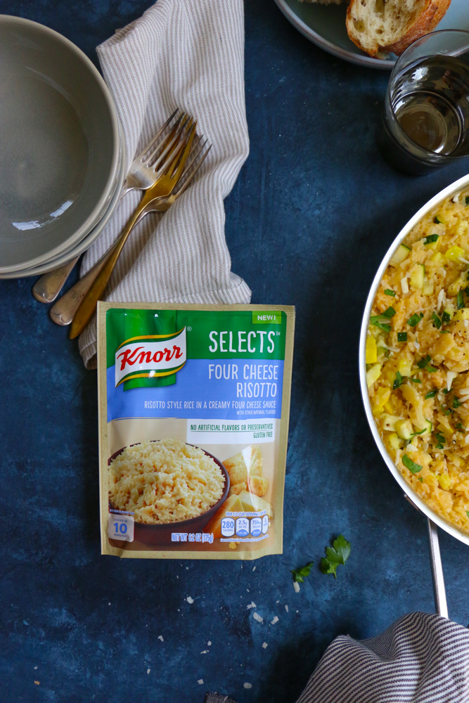 A package of risotto for four cheese risotto.