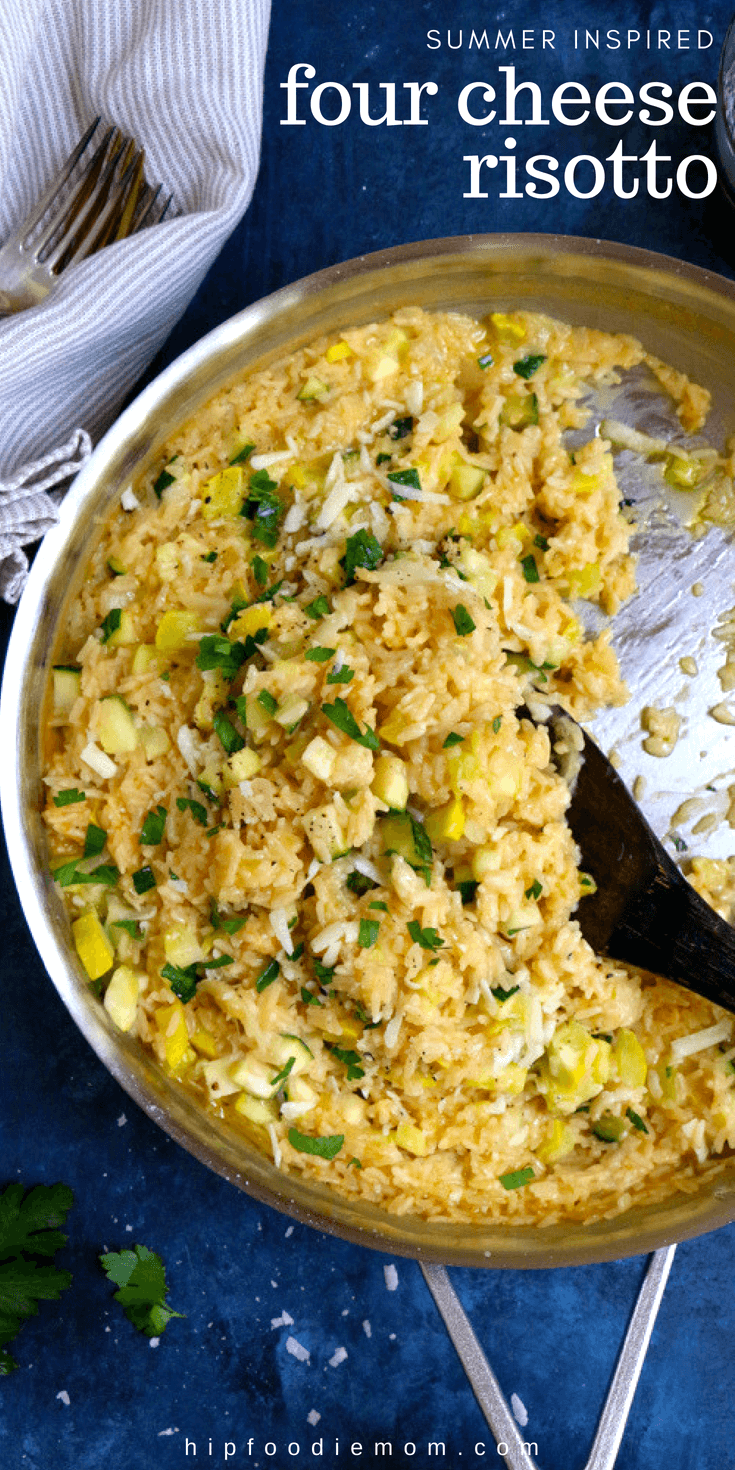 Four Cheese Risotto with delicious in-season zucchini and summer squash! Have this amazing one-pot dinner on the table in under 25 minutes! #fourcheeserisotto #risotto #summerrisotto #dinnerideas #easydinner #summersquash #zucchinirisotto #onepotmeal #onepotrecipe